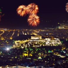 Firework seems from afar as the uliminate the sky of Athens, just abone the Acropolis, as part of Easter celebrations in Greece