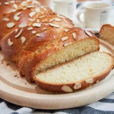 Sliced tsoureki, a greek sweet bread, baked traditional during Easter in Greece