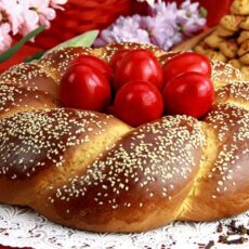 A tsoureki, a Greek sweet bread, baked traditional in Greece as part of celebrations for Easter