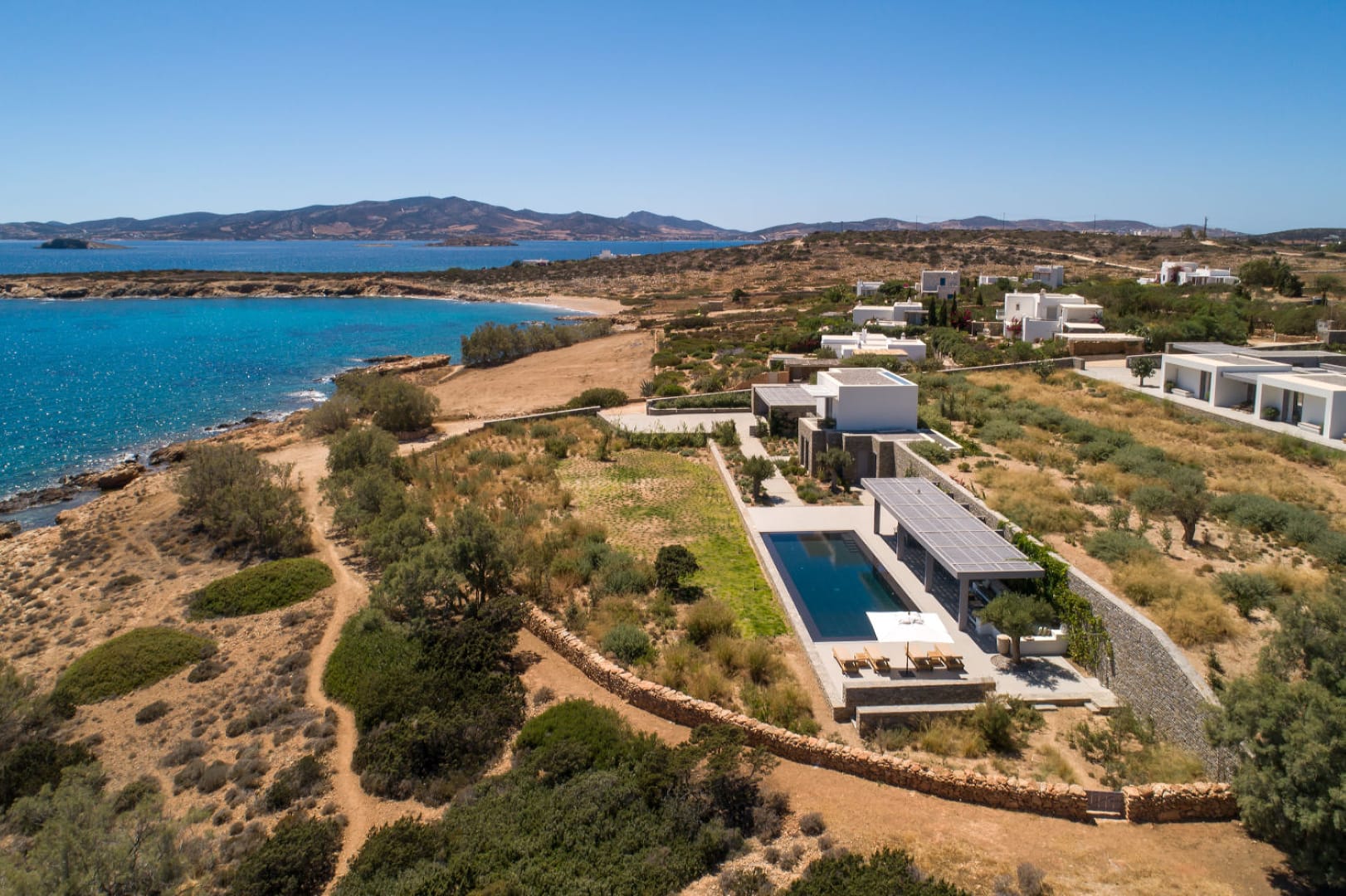 Aerial view of the seafront Villa Agnes in Paros.