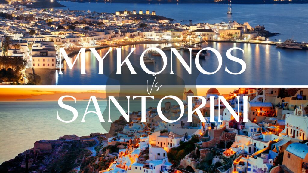 Comparing giants | Mykonos vs Santorini: Whish island offers the best luxury villa holiday experience? A collage with two photos, of of the main town and port of Mykonos and the other the caldera of Oia in Santorini. The text on the photo reads Mykonos vs Santorini by Rent A Greek Villa