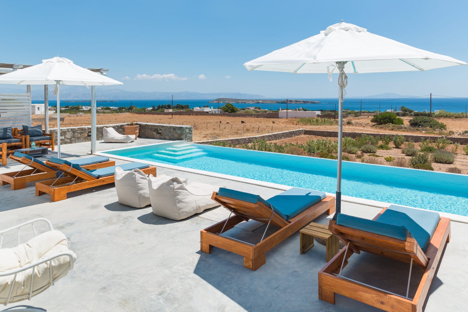 The view of the Aegean Sea as seen from the private pool of the vacation Villa Alafi in Paros